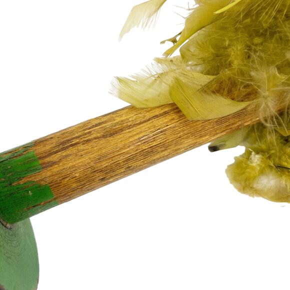 large vintage wooden green SPOOL hat holder brown feathers 11" tall - Picture 8 of 11